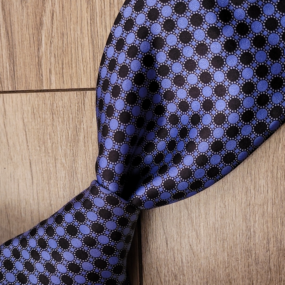 STEFANO RICCI Italy Metallic Blue Black Circles Pattern Mens Silk Tie
